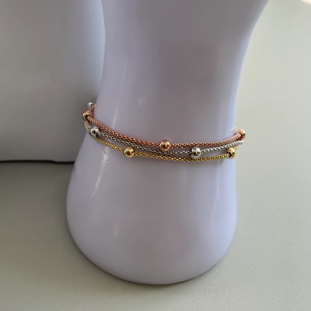 Bracciale Argento 925 Donna | Tricolore Oro Giallo Rosa Catena Popcorn Multi Filo | Regolabile 16-20 cm - immagine 5