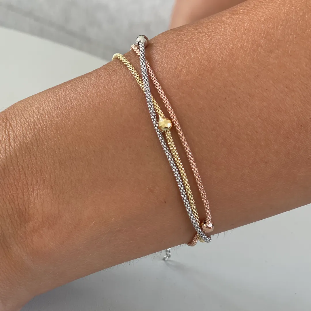 Bracciale Argento 925 Donna | Tricolore Oro Giallo Rosa Catena Popcorn Multi Filo | Regolabile 16-20 cm - immagine 4