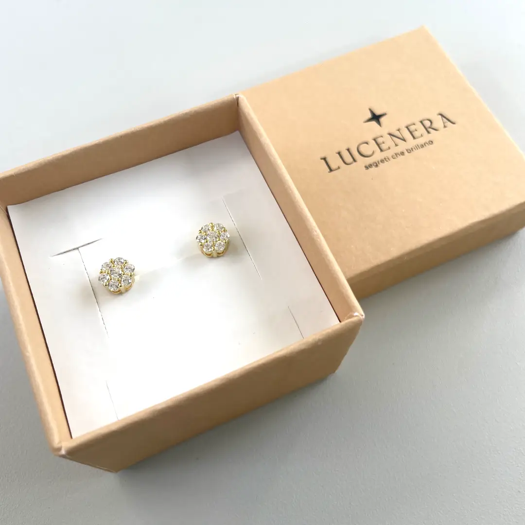 Orecchini Argento 925 Dorato Donna | Lobo Fiore Rosetta Cluster 7 Pietre | Punto Luce - immagine 3