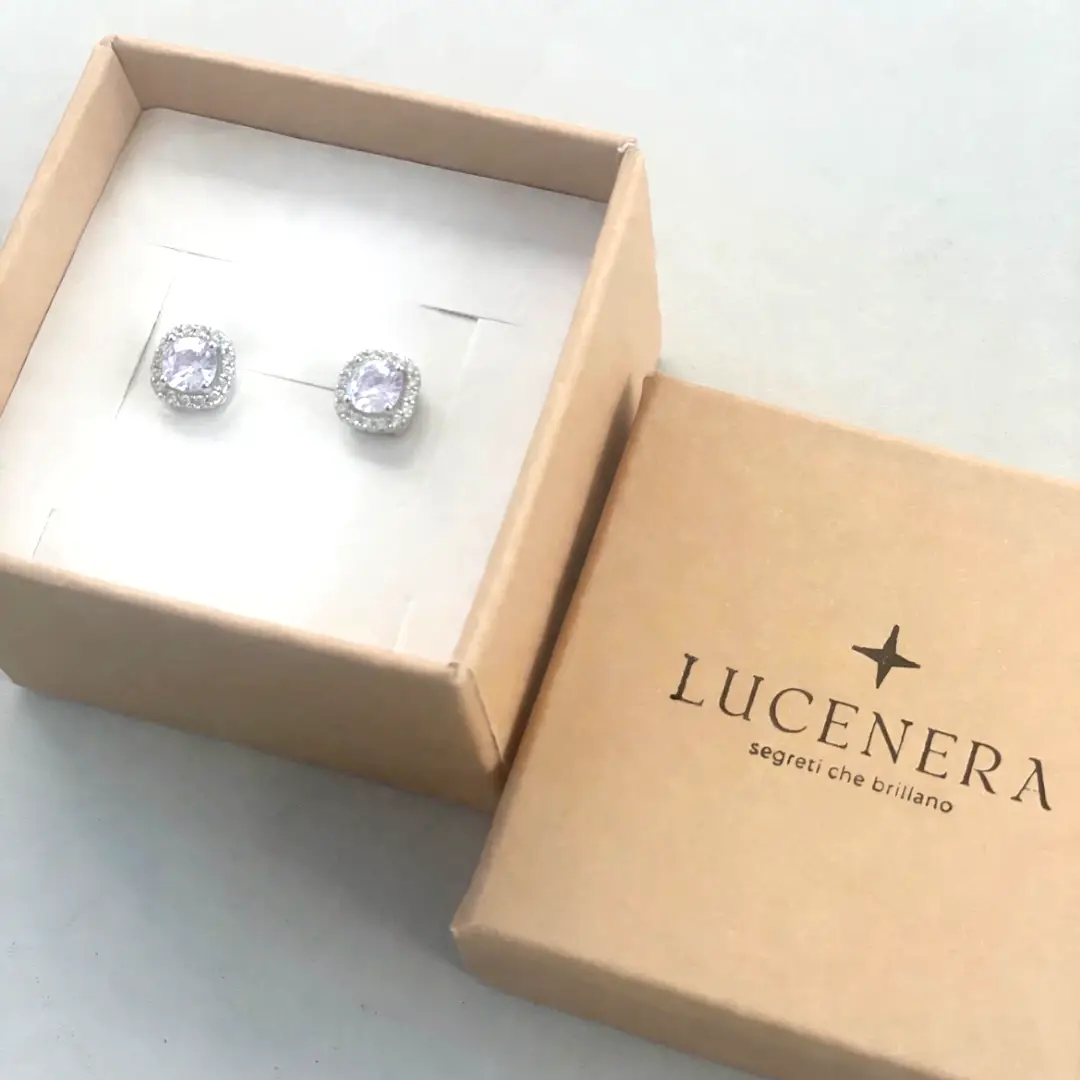 Orecchini Argento 925 Donna | Punto Luce Quadrato Halo con Contorno Zirconi Bianchi 7 mm | Lobo - immagine 3