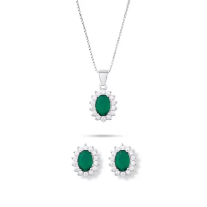 Parure Argento 925 Donna | Collana 45 0 50 cm + Orecchini Ovale Verde Smeraldo | Girocollo Princess Diana