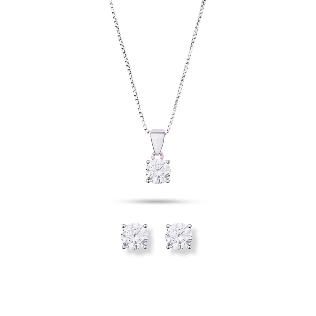 Parure Argento 925 Donna | Collana 45 o 50 cm + Orecchini Punto Luce Solitario | Girocollo Solitario Zirconi