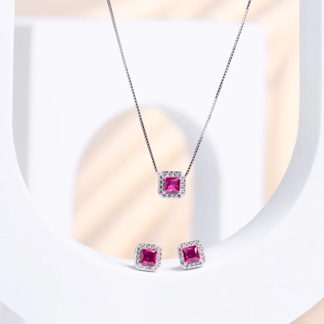 Parure Argento 925 Donna | Collana 45 o 50 cm + Orecchini Quadrati Rosso Rubino | Girocollo Punto Luce - immagine 8