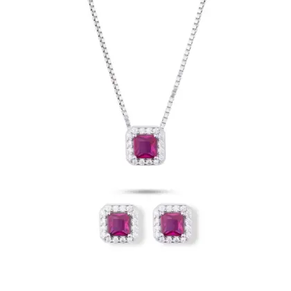 Parure Argento 925 Donna | Collana 45 o 50 cm + Orecchini Quadrati Rosso Rubino | Girocollo Punto Luce