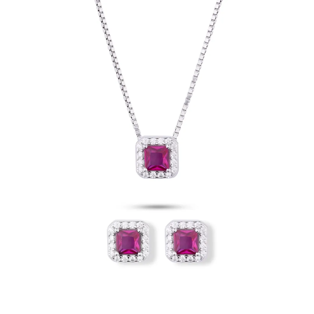 Parure Argento 925 Donna | Collana 45 o 50 cm + Orecchini Quadrati Rosso Rubino | Girocollo Punto Luce