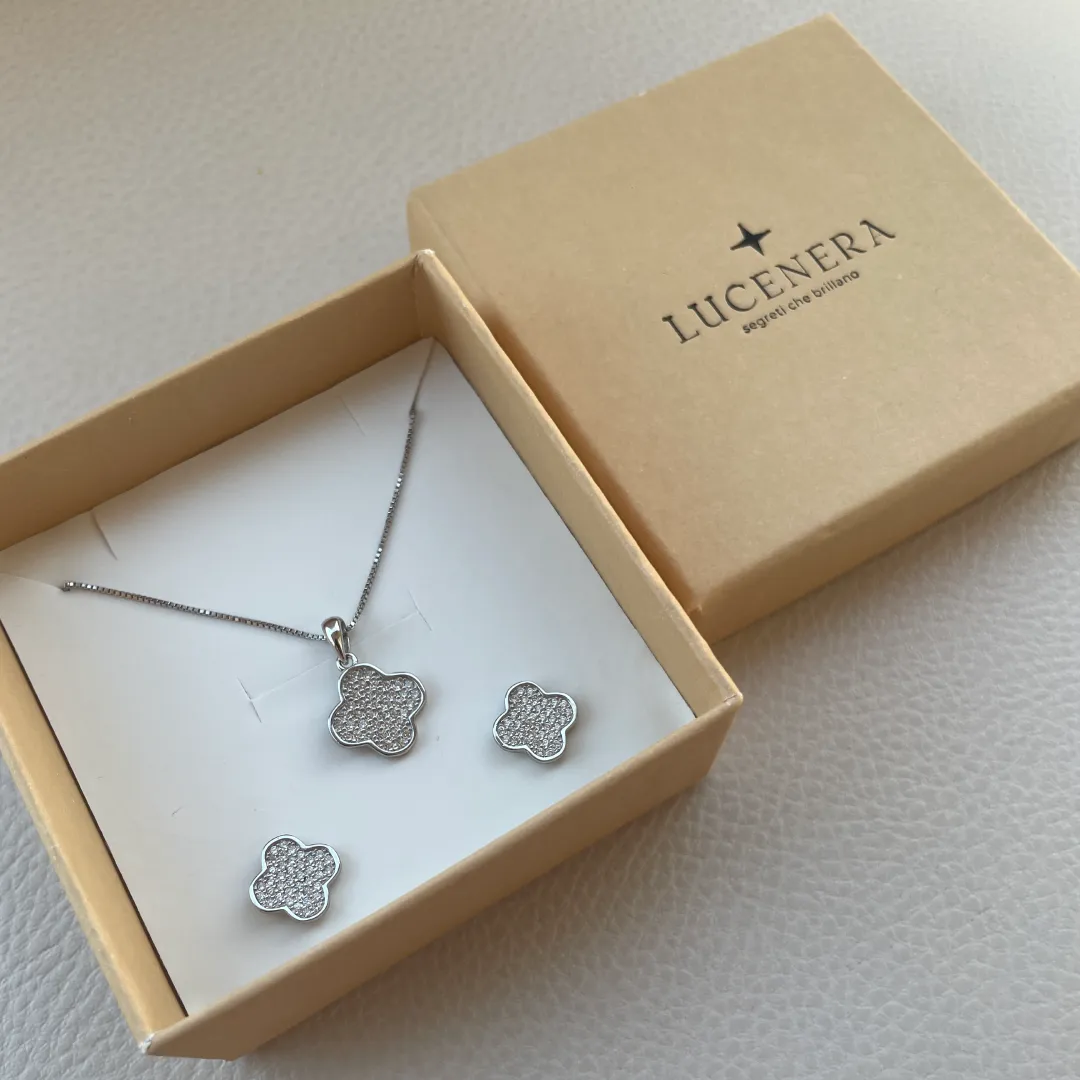 Parure Argento 925 Donna | Collana 45 0 50 cm + Orecchini Quadrifoglio Trifoglio | Girocollo Pave Zirconi - immagine 3