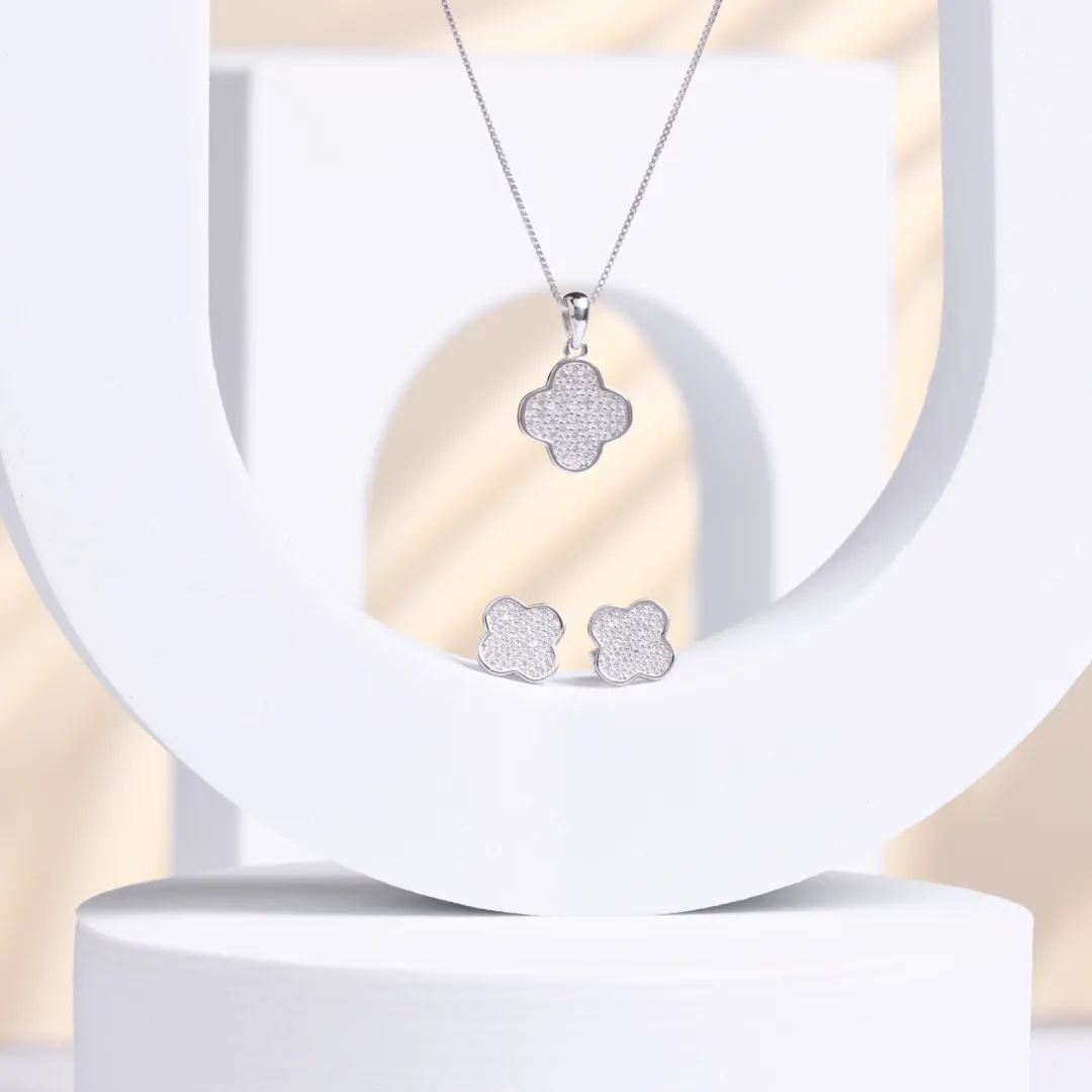 Parure Argento 925 Donna | Collana 45 0 50 cm + Orecchini Quadrifoglio Trifoglio | Girocollo Pave Zirconi - immagine 7