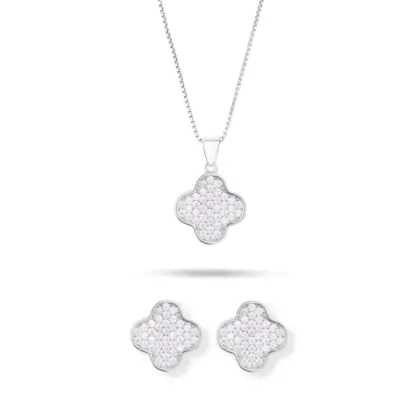 Parure Argento 925 Donna | Collana 45 0 50 cm + Orecchini Quadrifoglio Trifoglio | Girocollo Pave Zirconi