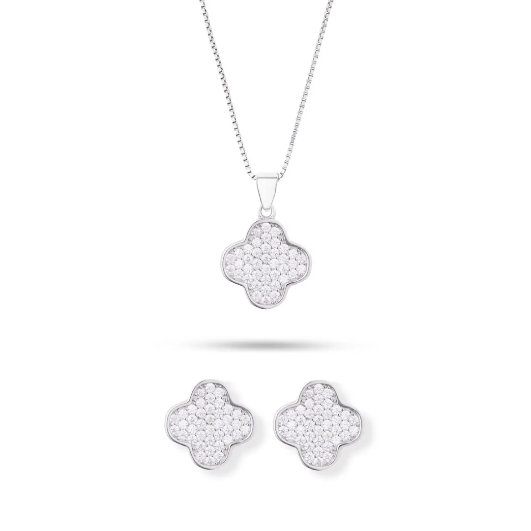 Parure Argento 925 Donna | Collana 45 0 50 cm + Orecchini Quadrifoglio Trifoglio | Girocollo Pave Zirconi