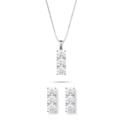 Parure Argento 925 Donna | Collana 45 o 50 cm + Orecchini Trilogy 3 Pietre | Girocollo Trilogia Zirconi