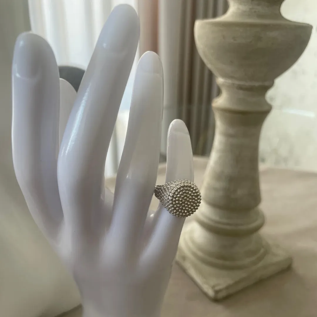 Anello Argento 925 Donna | Regolabile Chevalier Sigillo Ovale Puntinato Martellato | Vintage - immagine 5