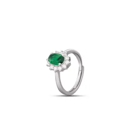Anello Argento 925 Donna | Regolabile con Zircone Verde Ovale e Corona Zirconi Bianchi | Rosetta Kate