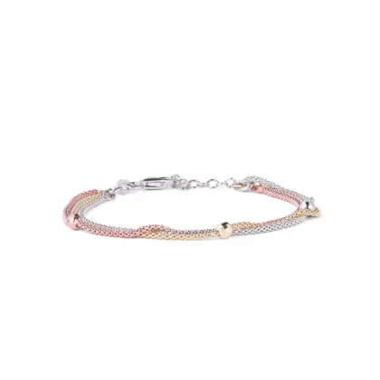 Bracciale Argento 925 Donna | Tricolore Oro Giallo Rosa Catena Popcorn Multi Filo | Regolabile 16-20 cm