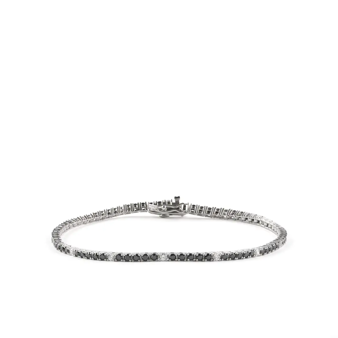 Bracciale Tennis Argento 925 Uomo - Donna | Zirconi Neri e Bianchi 2mm | Chiusura a Cassetta con Sicura