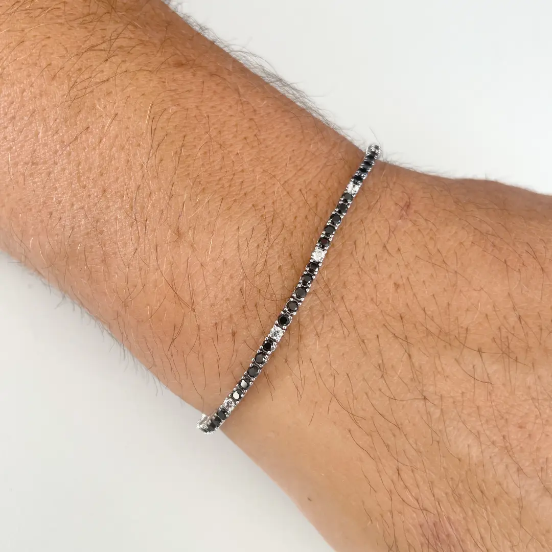 Bracciale Tennis Argento 925 Uomo - Donna | Zirconi Neri e Bianchi 2mm | Chiusura a Cassetta con Sicura - immagine 4