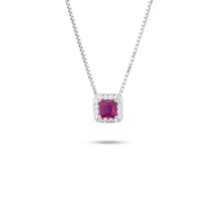 Collana Argento 925 Donna | Ciondolo Quadrato Pietra Rossa Rubino