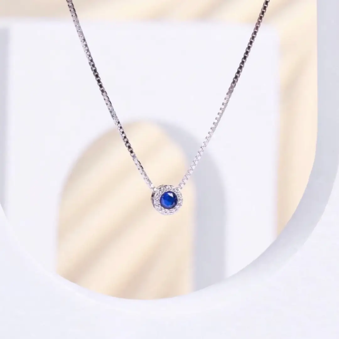 Collana Argento 925 Donna | Girocollo Pietra Blu Zaffiro | Halo Zirconi - immagine 7