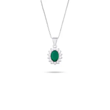 Collana Argento 925 Donna | Girocollo Ovale Pietra Verde Smeraldo | Halo Zirconi