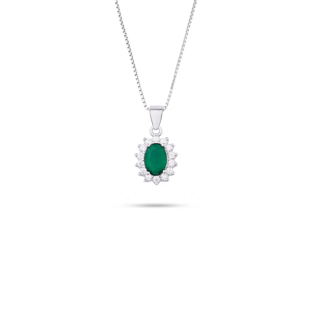 Collana Argento 925 Donna | Girocollo Ovale Pietra Verde Smeraldo | Halo Zirconi