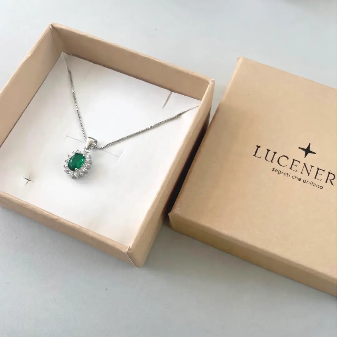 Collana Argento 925 Donna | Girocollo Ovale Pietra Verde Smeraldo | Halo Zirconi - immagine 3