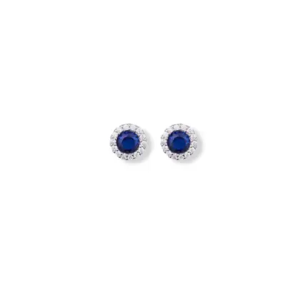 Orecchini Argento 925 Donna | Bottone Tondo Pietra Blu Zaffiro | Halo Zirconi | Lobo