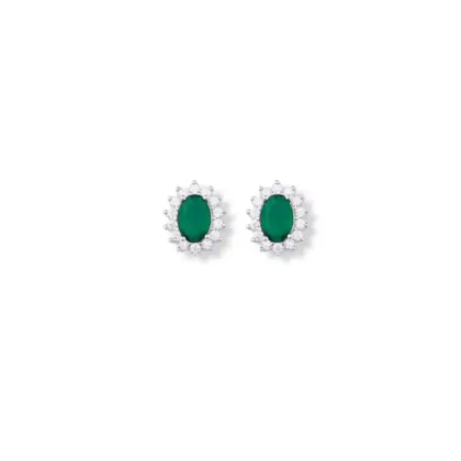 Orecchini Argento 925 Donna | Ovale Pietra Verde Smeraldo | Halo Zirconi | Bottone Lobo