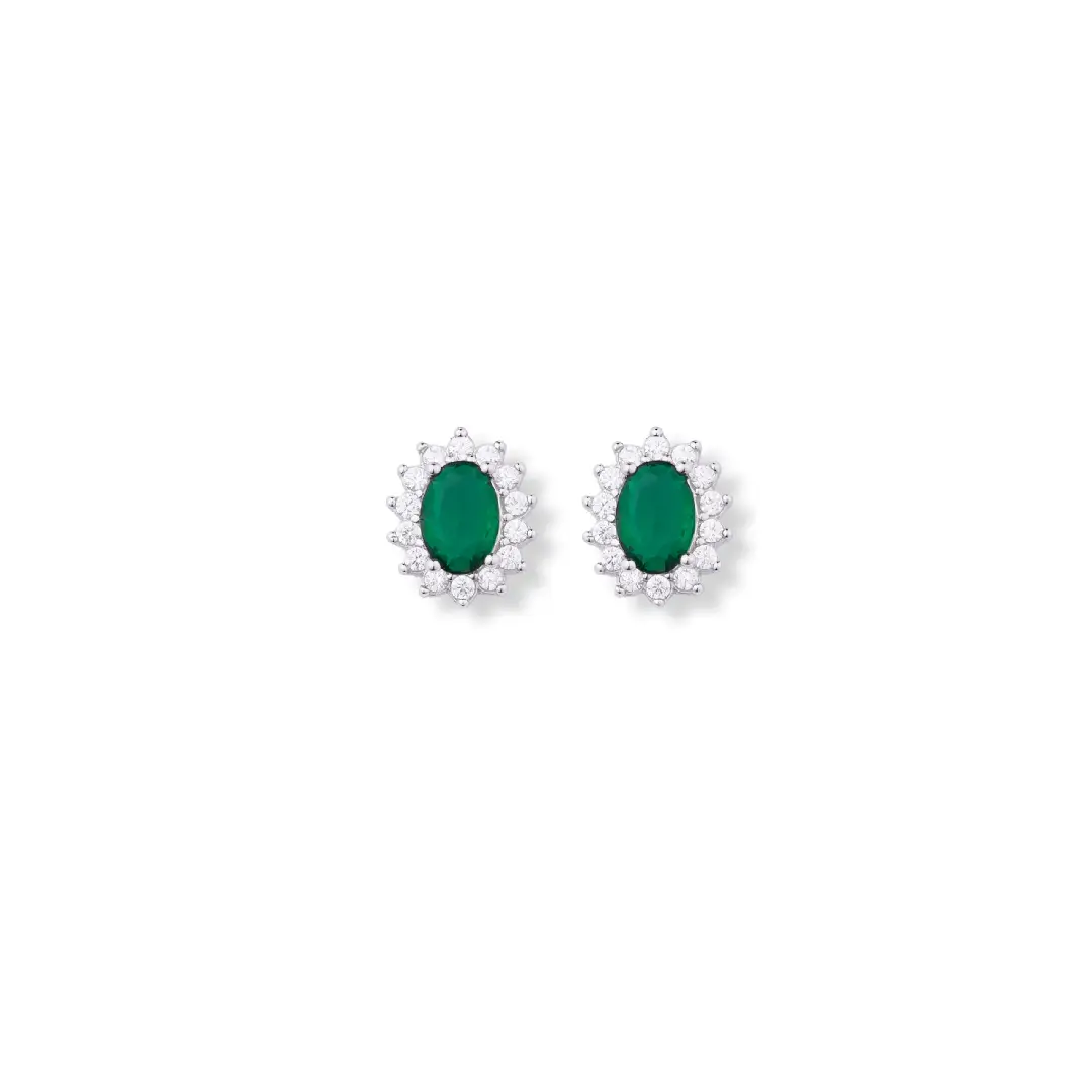 Orecchini Argento 925 Donna | Ovale Pietra Verde Smeraldo | Halo Zirconi | Bottone Lobo