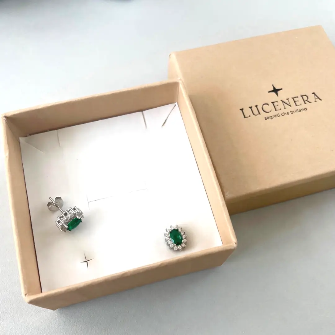 Orecchini Argento 925 Donna | Ovale Pietra Verde Smeraldo | Halo Zirconi | Bottone Lobo - immagine 3