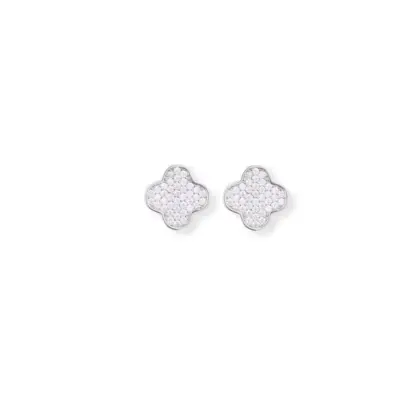 Orecchini Argento 925 Donna | Quadrifoglio | Pave Zirconi | Bottone Lobo