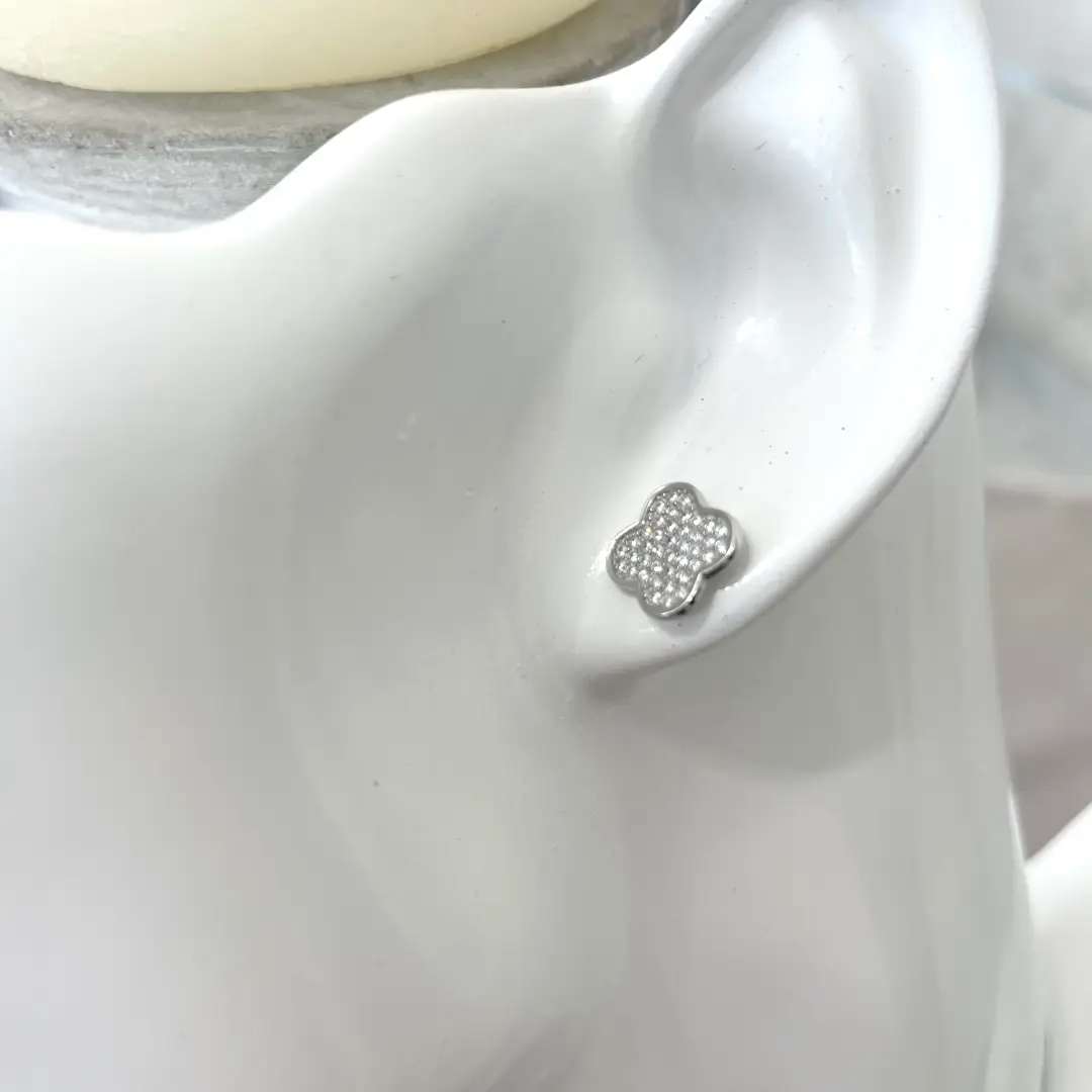 Orecchini Argento 925 Donna | Quadrifoglio | Pave Zirconi | Bottone Lobo - immagine 4