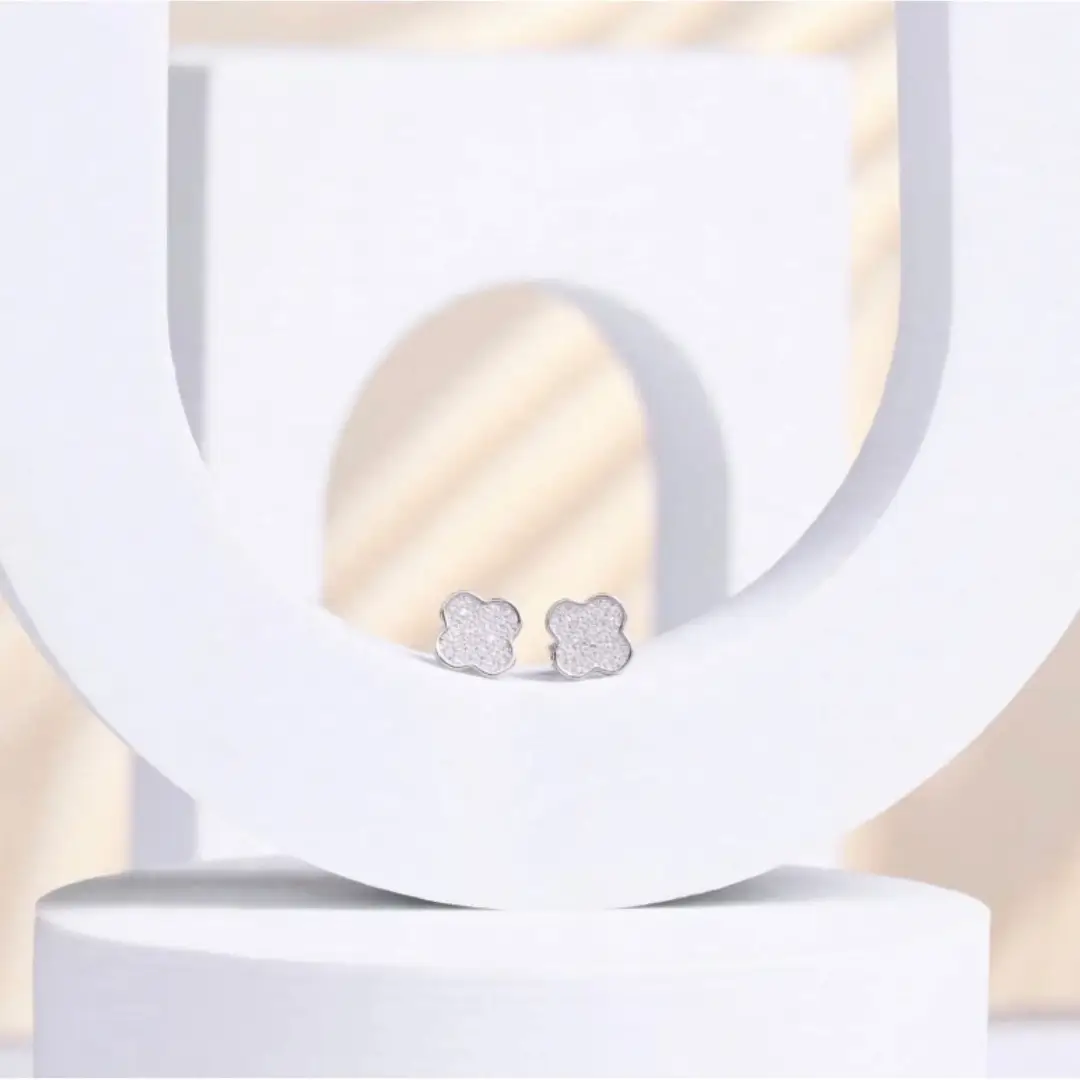 Orecchini Argento 925 Donna | Quadrifoglio | Pave Zirconi | Bottone Lobo - immagine 6
